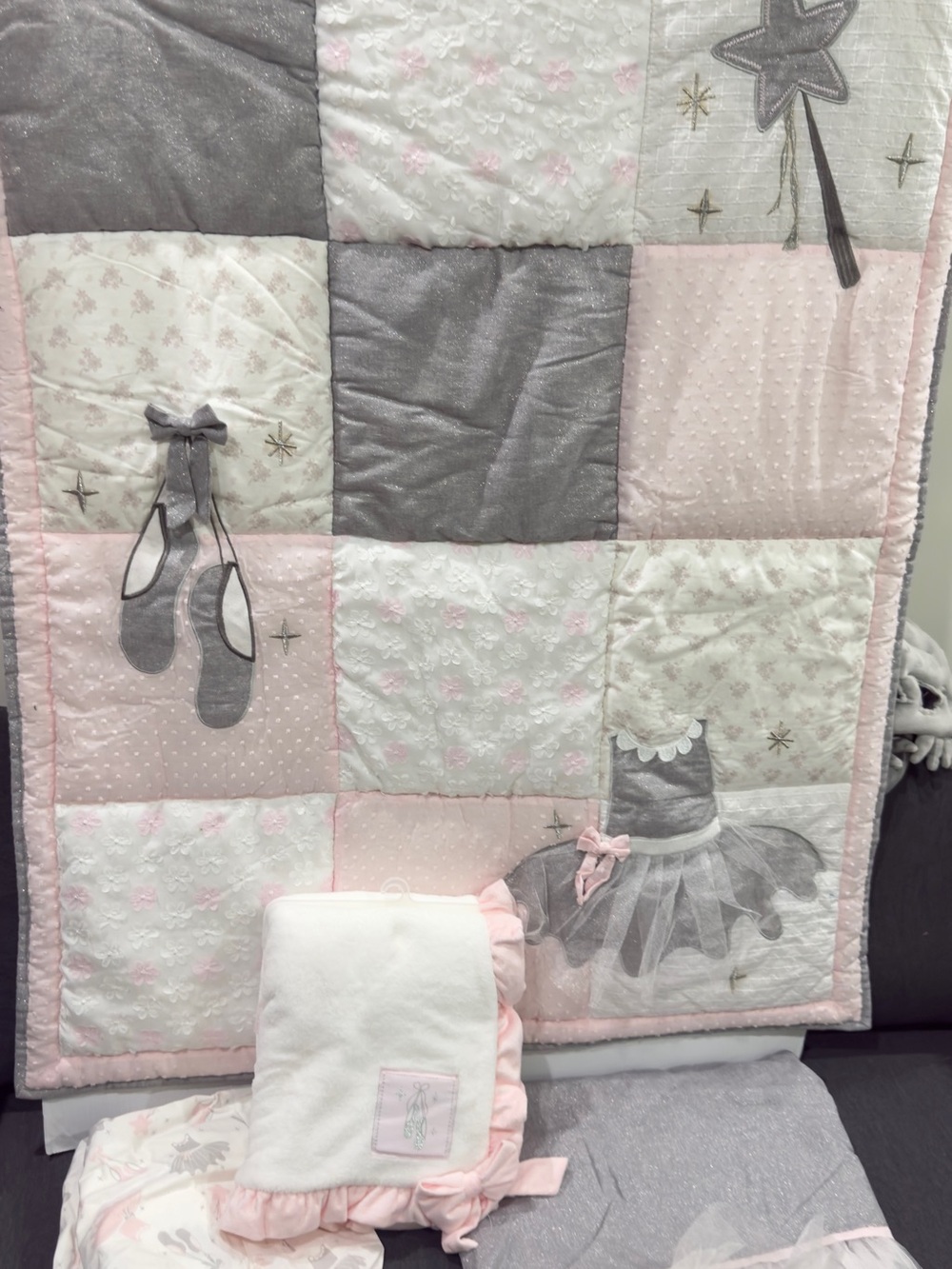 Pink and Gray Ballet Patchwork Baby Quilt - Kids Quilts
